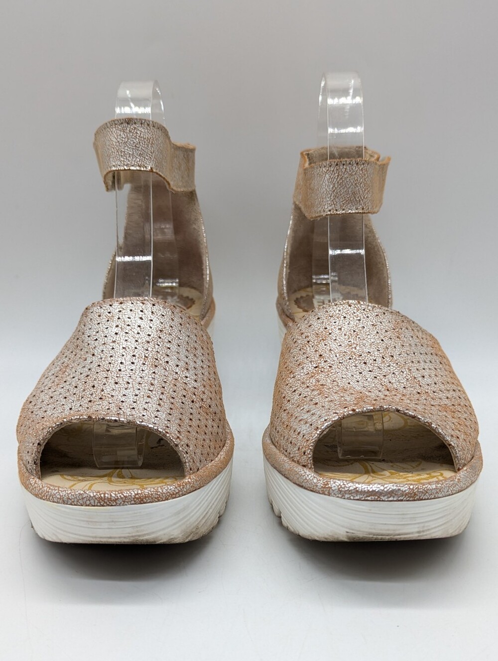Fly London Yake Metallic Brown Silver Perforated Leather Wedge Heel Sandal 39 - Picture 2 of 10